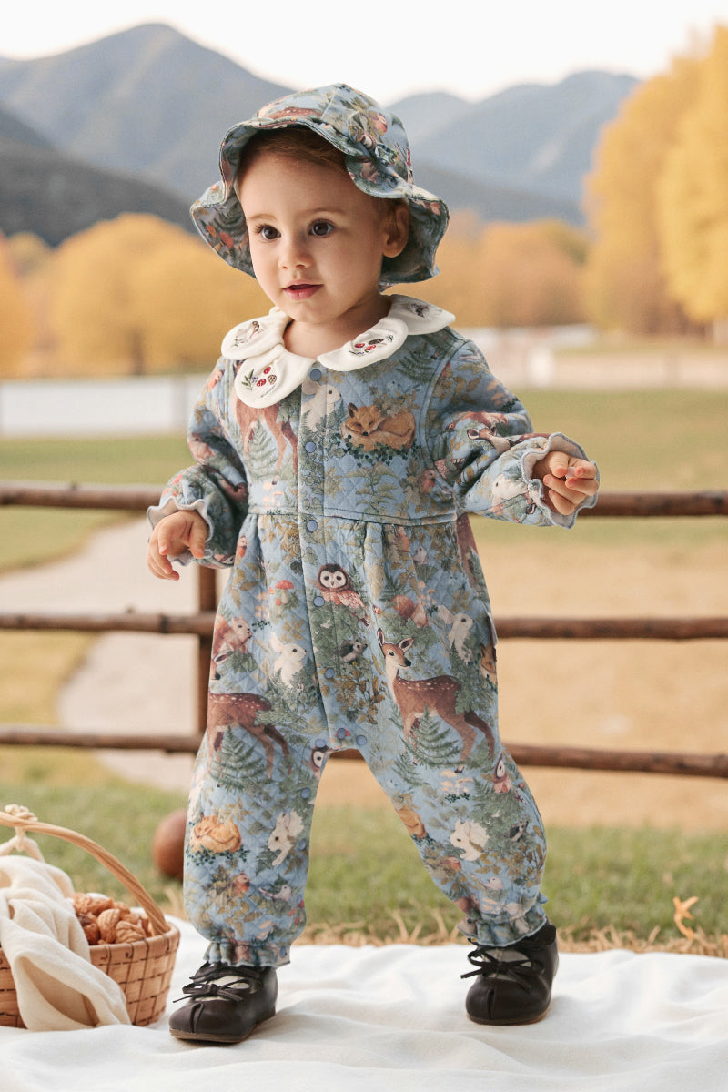 Woodland Animal Romper with Embroidery & Petal Collar