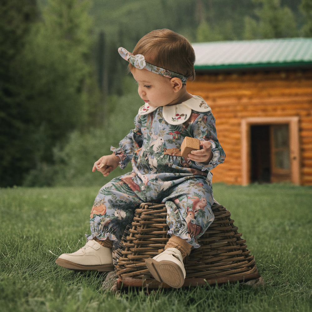 Baby Onesie – Woodland Animal Romper with Embroidery & Petal Collar