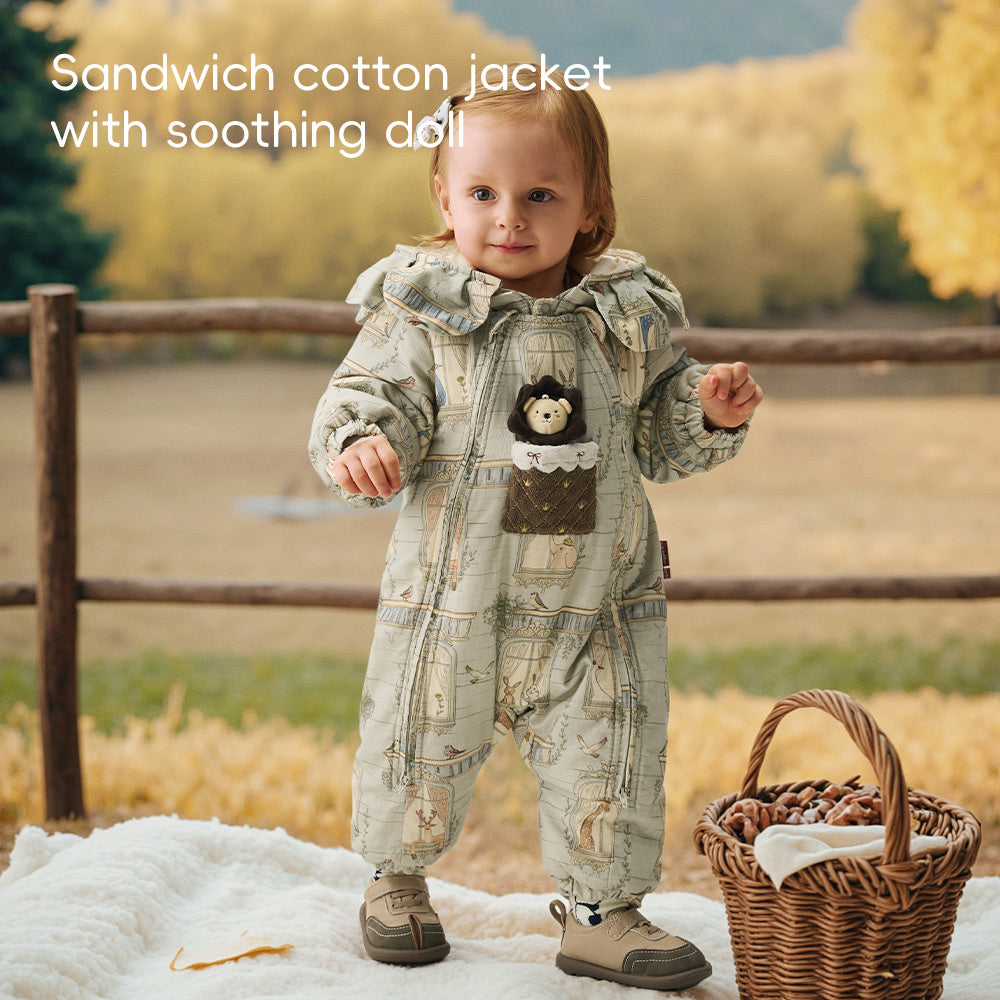 Padded Cotton Fabric + Lion Hood Design + Interactive Baby Snowsuit