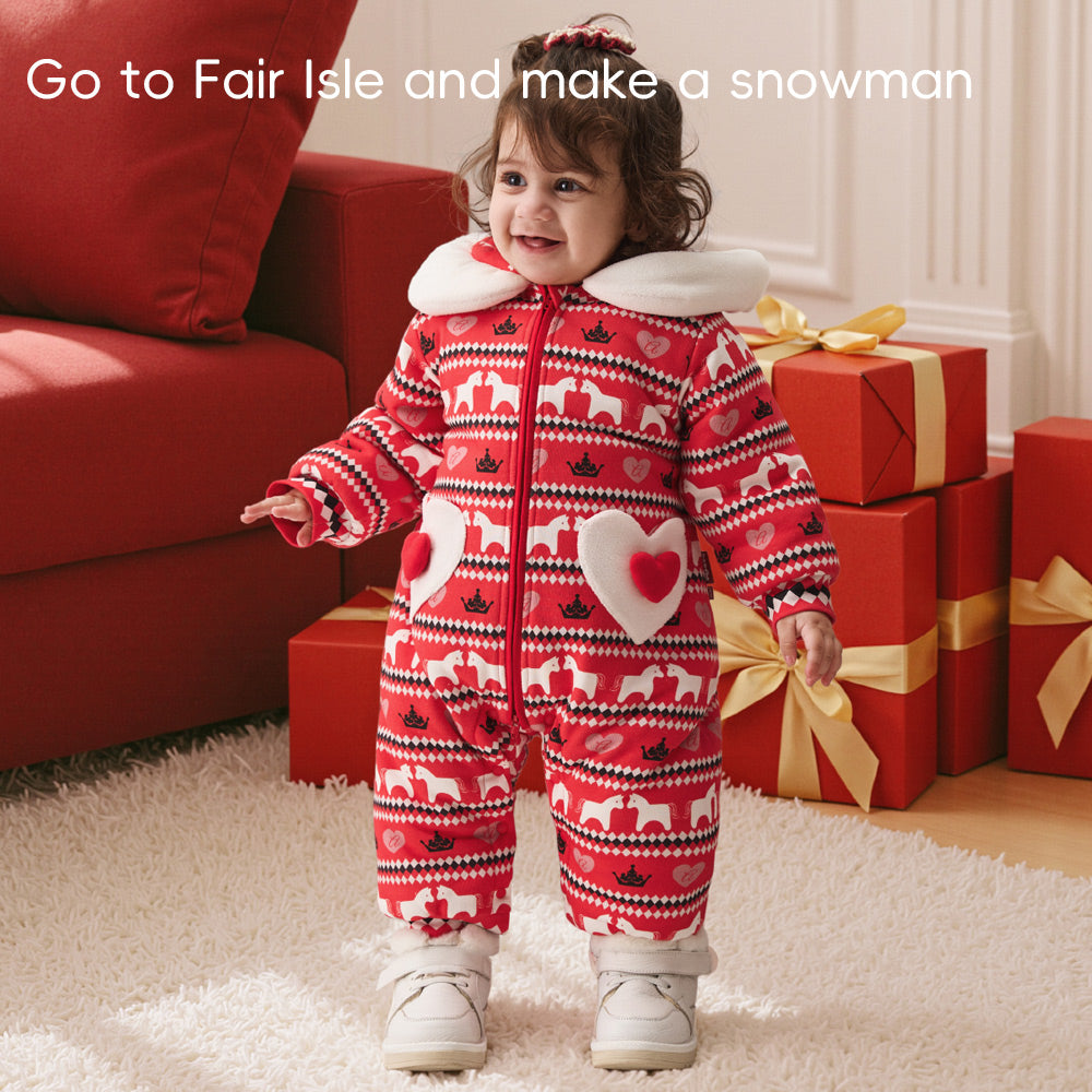 Nordic Fair Isle Baby Romper in Festive Red | Soft Padded One-Piece for Cool Weather (5°C–15°C)