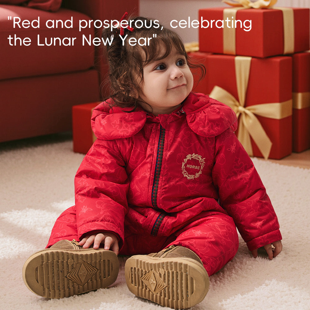 Water-Repellent Red Baby Jacket | Soft Padded Winter Coat with Festive Jacquard (5°C–15°C)