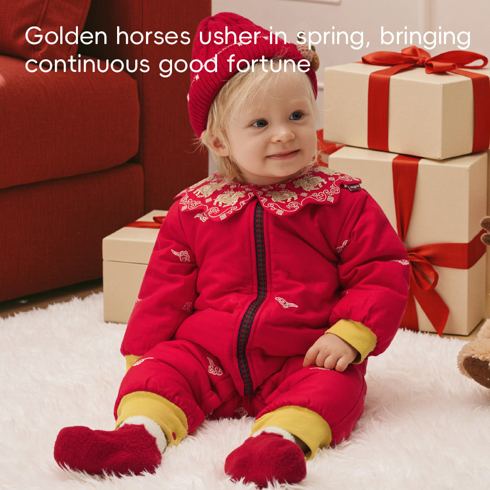 Festive Red Zipper Baby Romper | Soft Fleece-Lined Cotton One-Piece for Cool Weather (0°C–15°C)