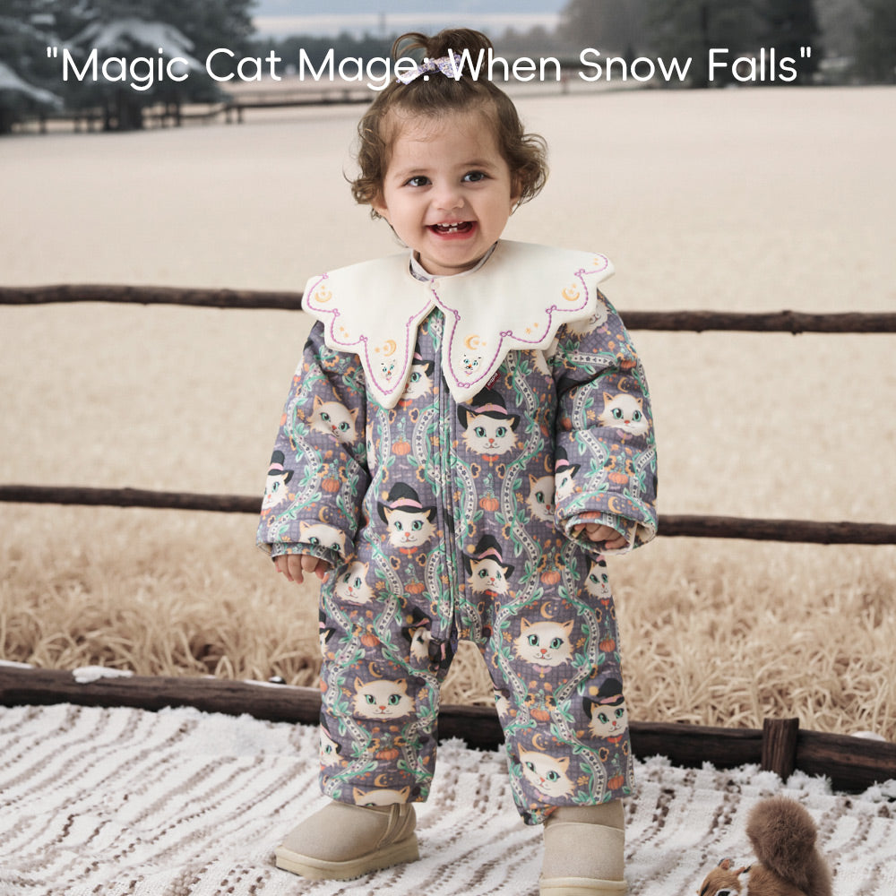 Cozy Cotton Baby Romper with Magical Cat Print | Soft Winter One-Piece for 0°C–15°C