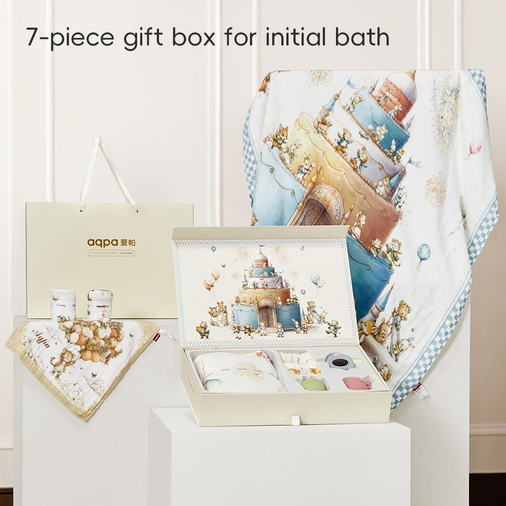 Baby Bath Gift Set (7-Piece) | Soft Cotton Towel & Bath Toy Bundle for Newborns & Toddlers