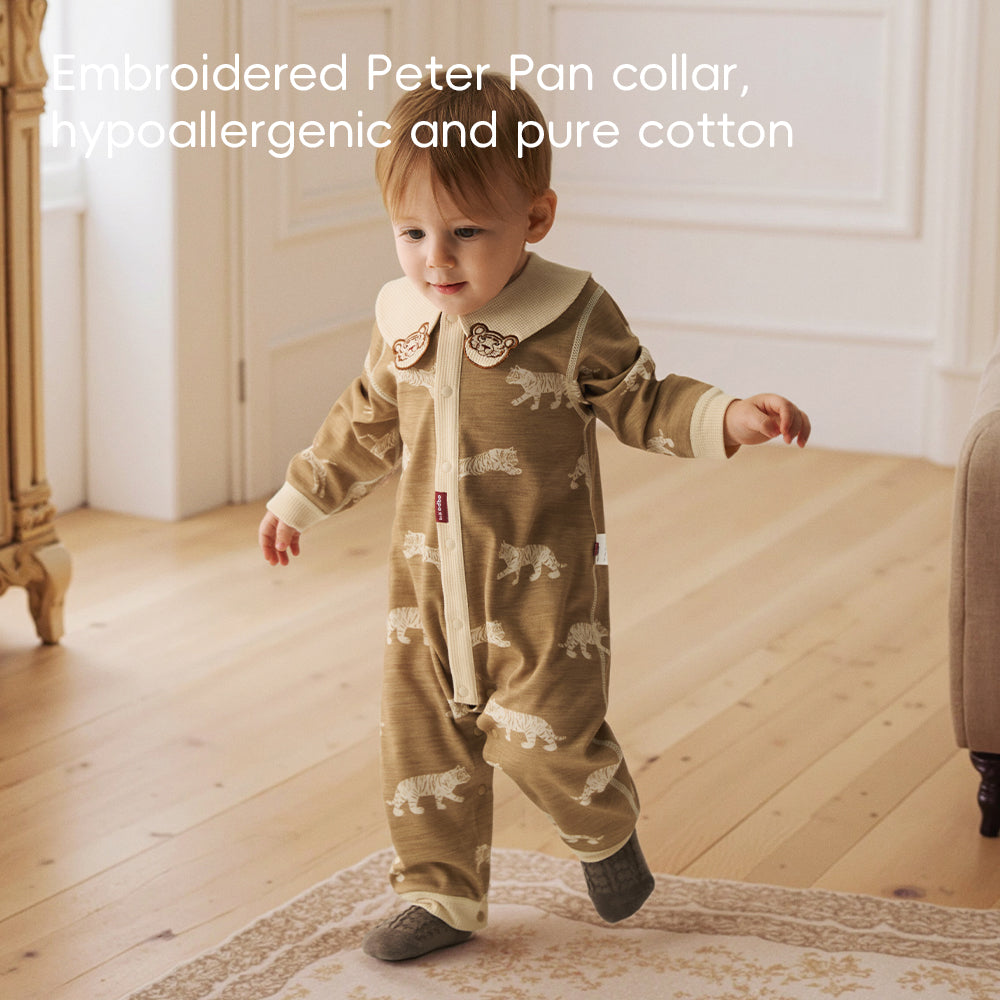 Tiger Embroidery + Waffle Cuffs + Cotton Baby Romper