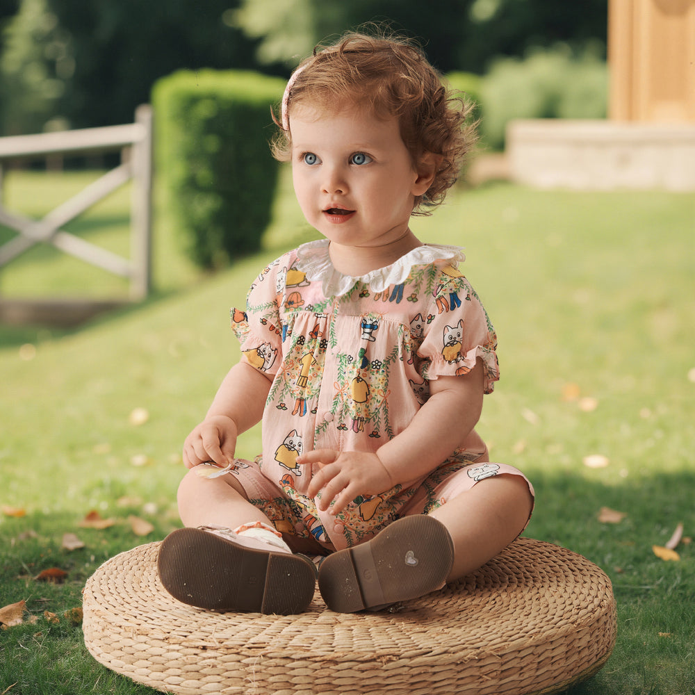 🐾 Meow & Friends Baby Romper 🦄 Soft Cotton One-Piece for Baby Girls | Cute Kitty Print & Ruffle Details ✨
