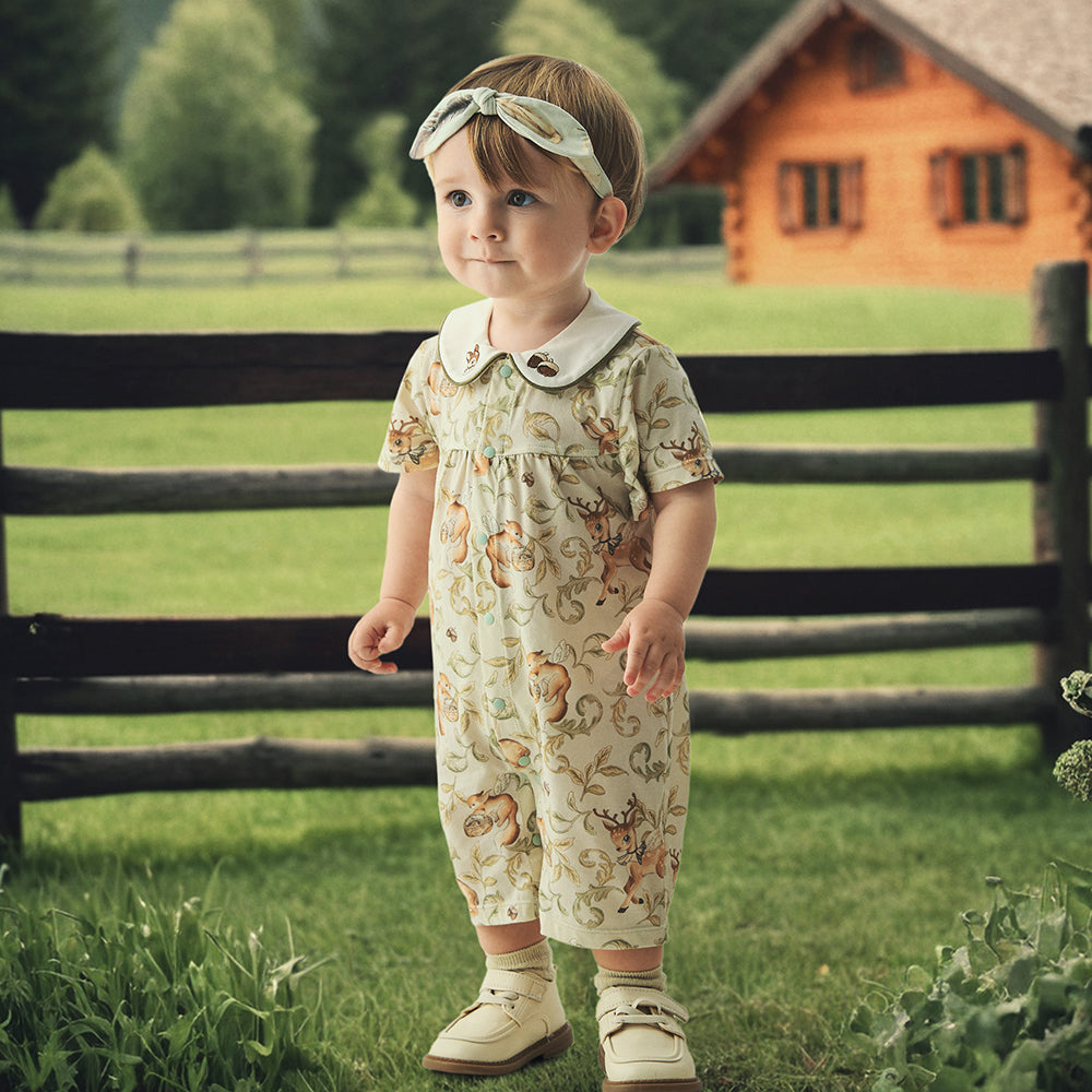 Peter Pan Collar Deer Embroidery Short Sleeve Romper (3mths-2yrs)
