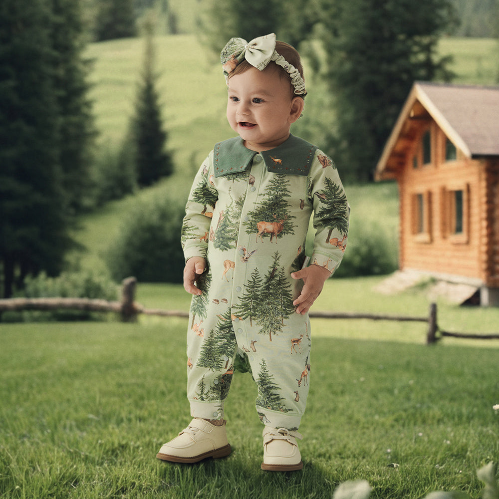Train Embroidery Statement Collar Long Sleeve Romper in Green (3mths-2yrs)