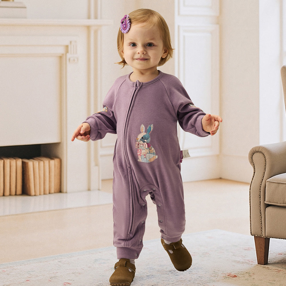 Fleece-Lined Bunny Patch | Thermal Warmth | YKK Two-Way Zipper | Purple Baby Romper