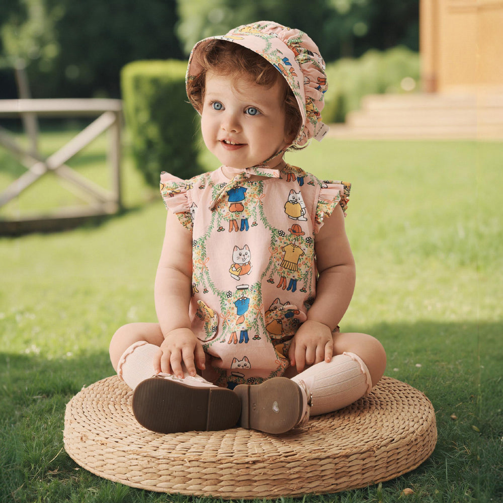 🐱 Kitty Fun Baby Onesie – Soft Cotton with Ruffle Sleeves | Cute Baby Girl Bodysuit 🌸