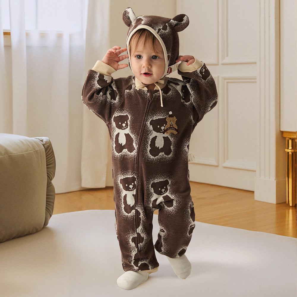 Teddy Bear Pattern | Dual-Tone Yarn | Textured Jacquard Baby Romper