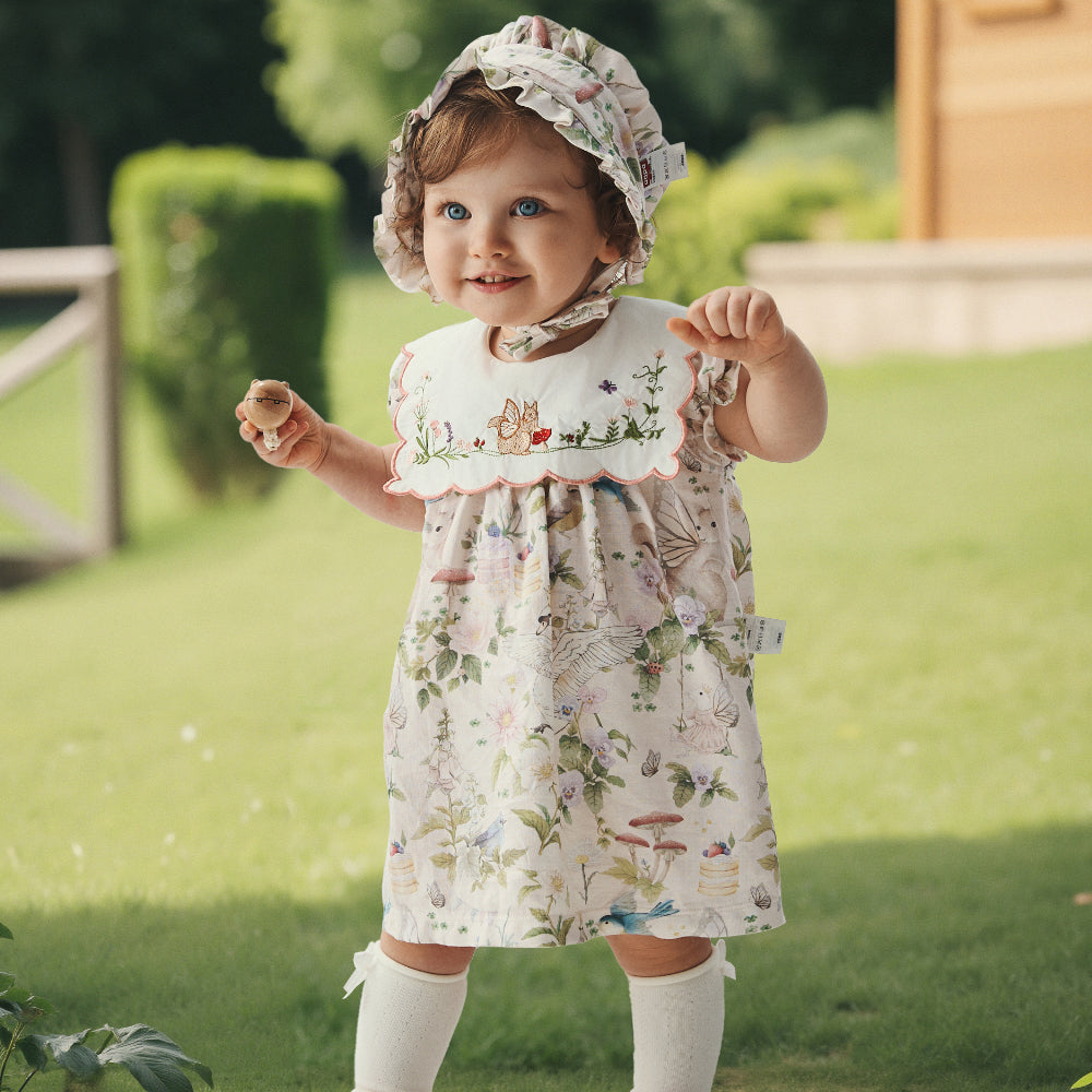 Cottage Garden Cotton Baby Dress with Embroidered Bib
