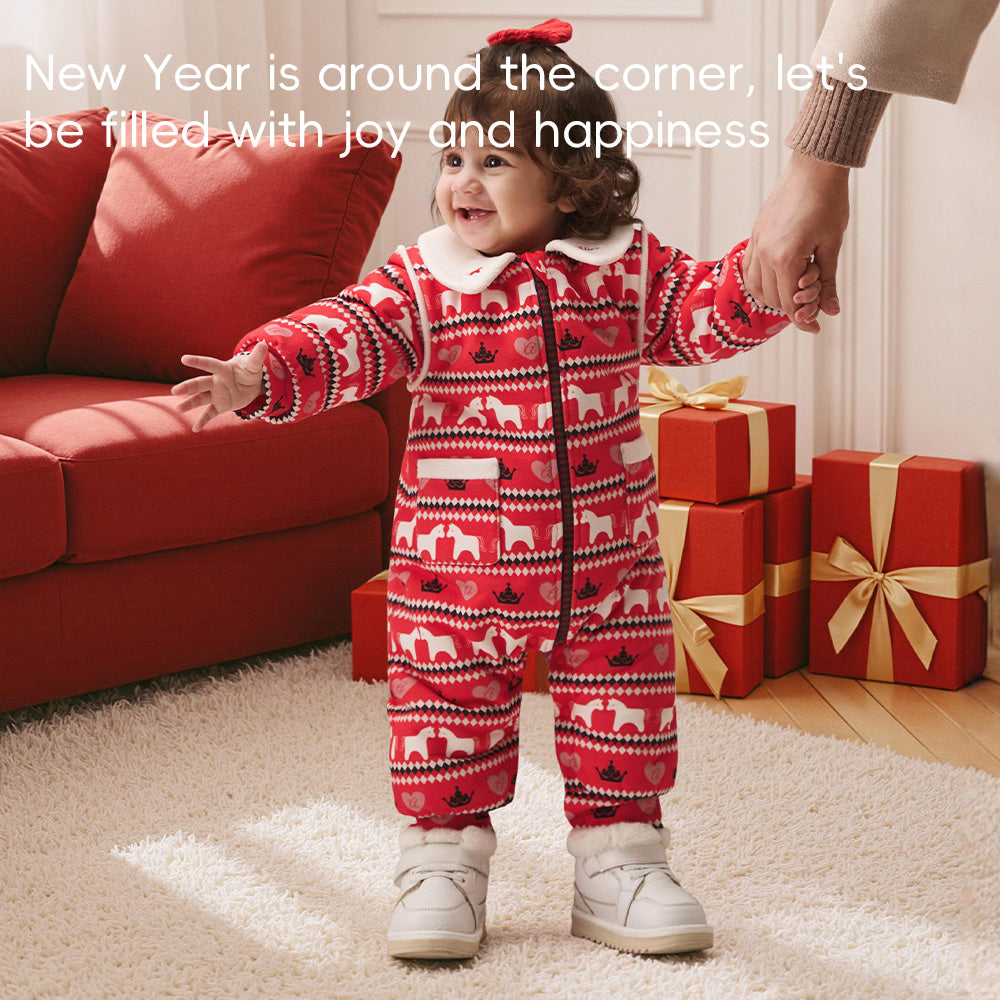 Festive Fair Isle Baby Romper in Red | Cozy Cotton One-Piece with Contrast Collar (5°C–15°C)