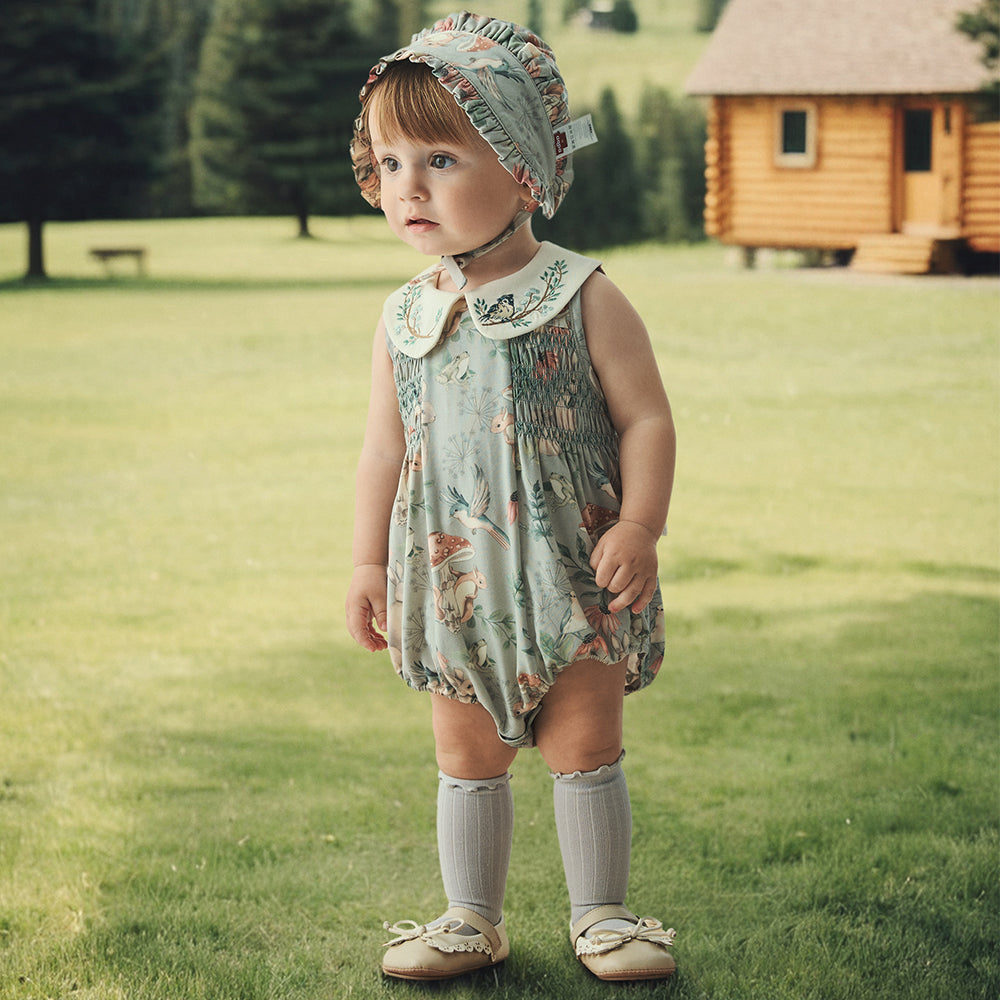 Hand Smocked Sleeveless Romper in green (3-18mths)
