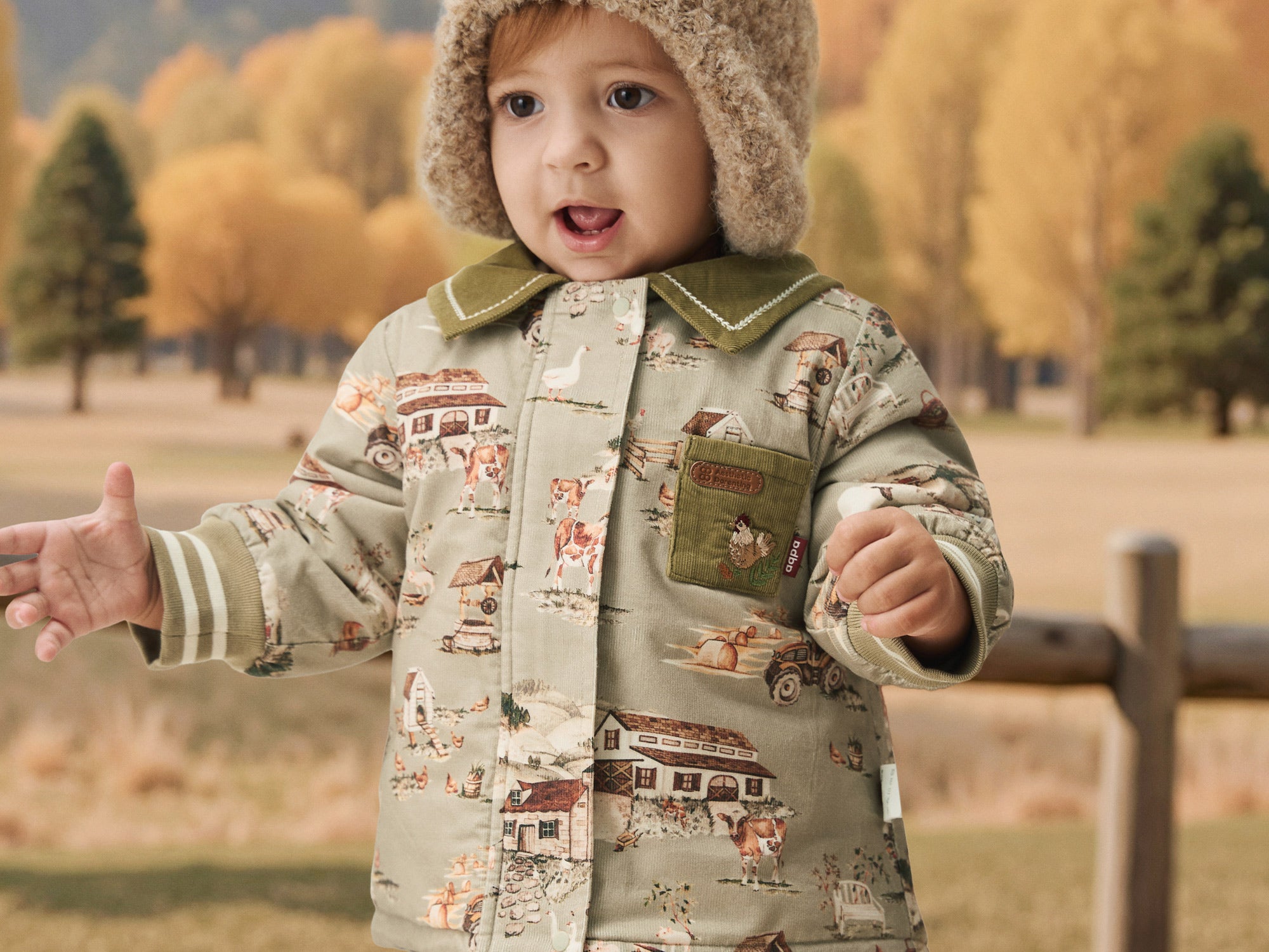 Soft Cotton Baby Jacket with Vintage Town Print | Cozy Lightweight Coat for Cool Weather (5°C–15°C)