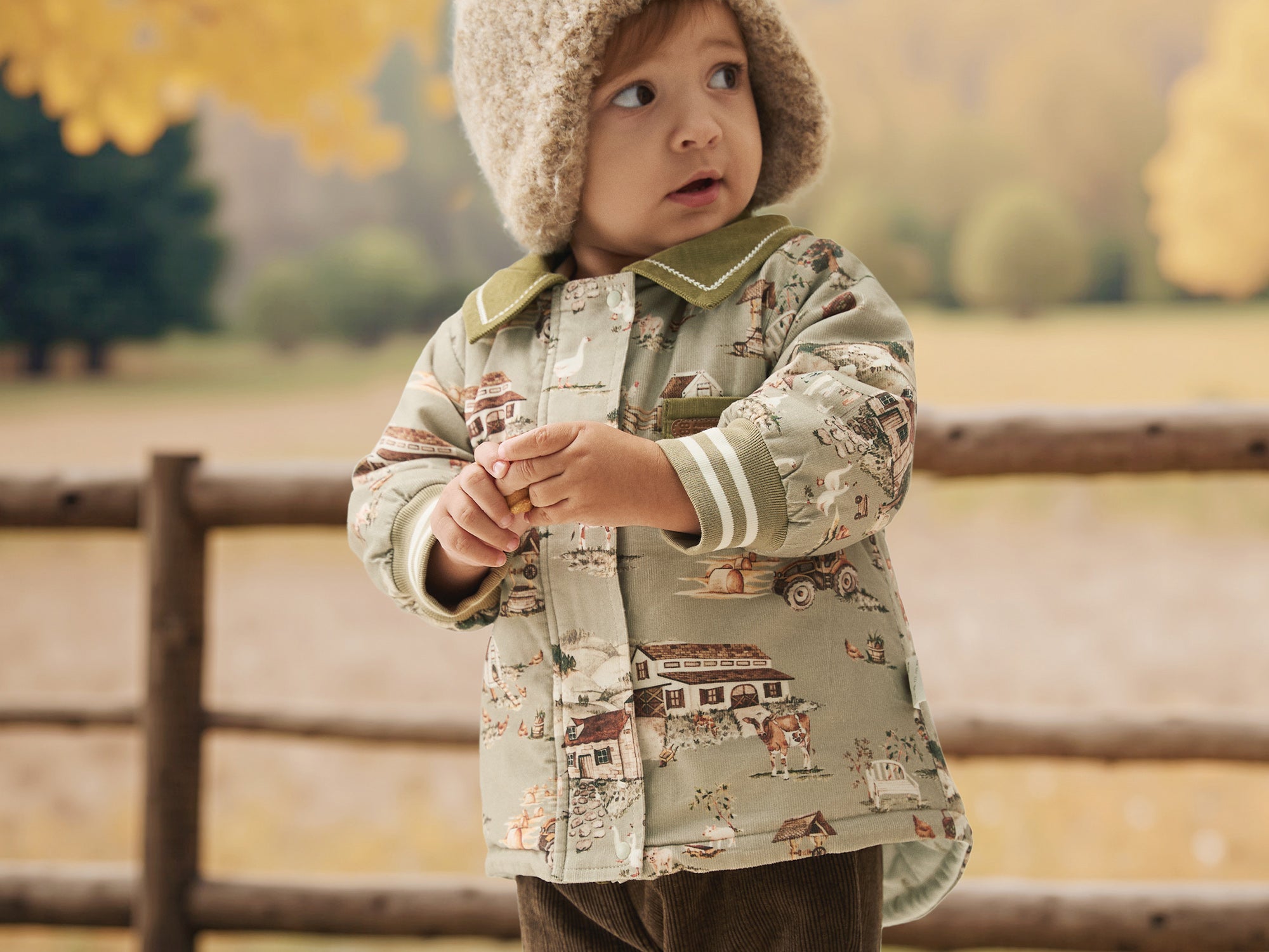 Soft Cotton Baby Jacket with Vintage Town Print | Cozy Lightweight Coat for Cool Weather (5°C–15°C)