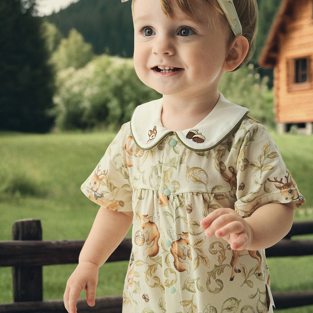 Peter Pan Collar Deer Embroidery Short Sleeve Romper (3mths-2yrs)