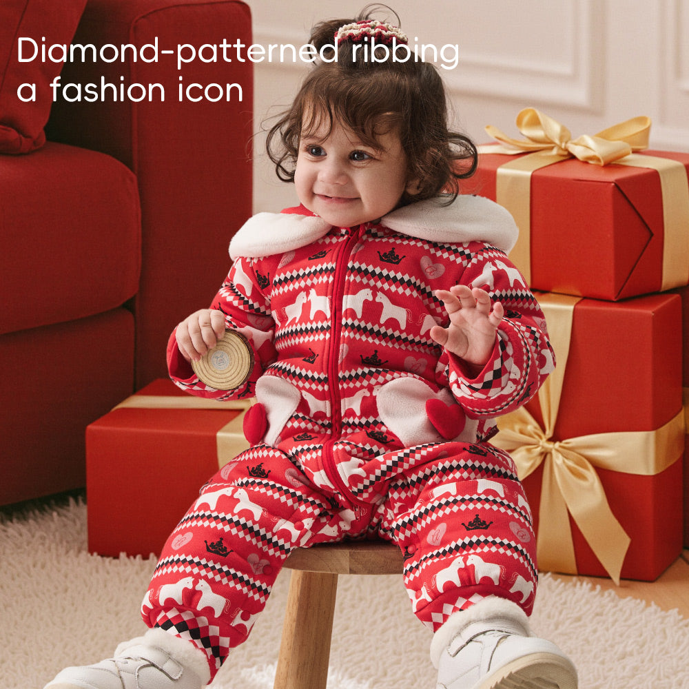 Nordic Fair Isle Baby Romper in Festive Red | Soft Padded One-Piece for Cool Weather (5°C–15°C)