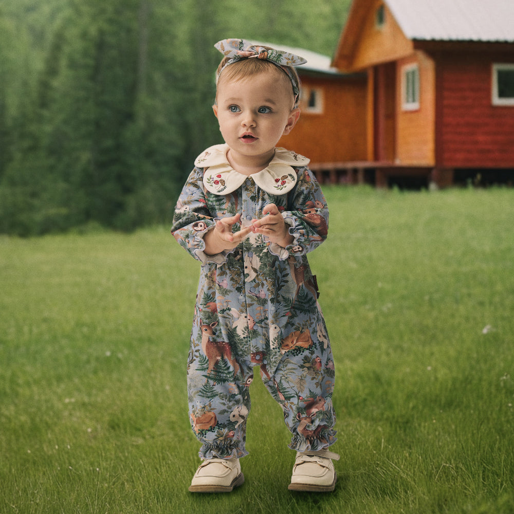 Baby Onesie – Woodland Animal Romper with Embroidery & Petal Collar
