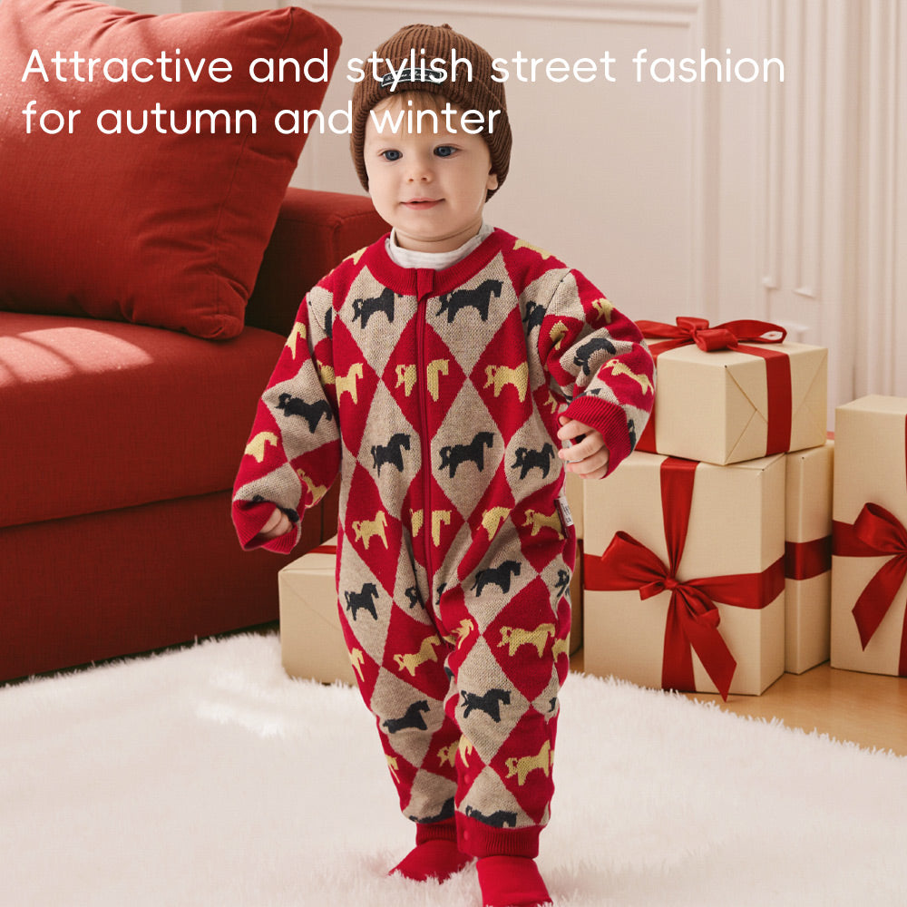 Fair Isle Knit-Look Baby Romper with Fleece Lining | Cozy Holiday One-Piece (10°C–20°C)