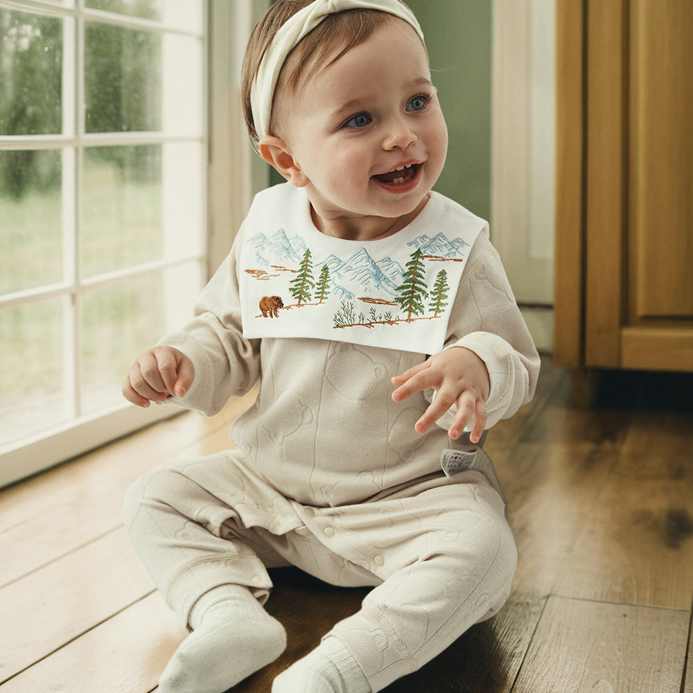 Bear Embroidered Bib Long Sleeve Romper