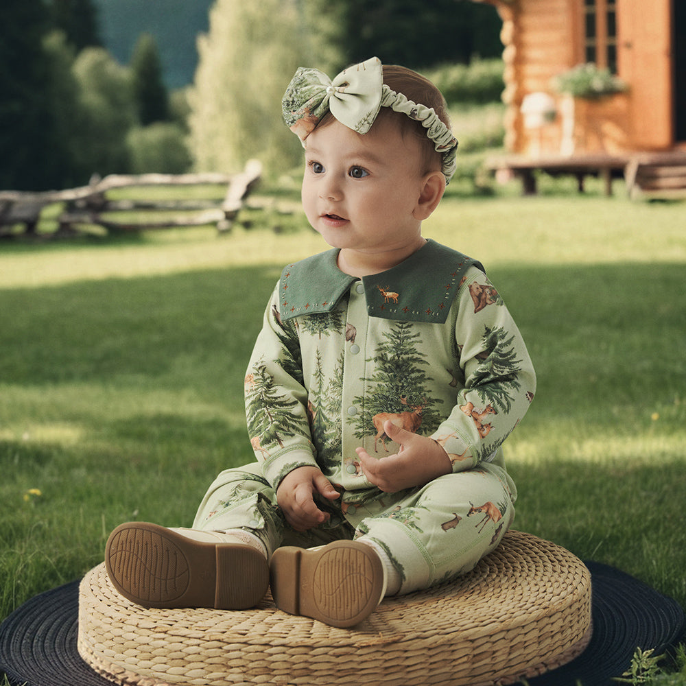 Train Embroidery Statement Collar Long Sleeve Romper in Green (3mths-2yrs)