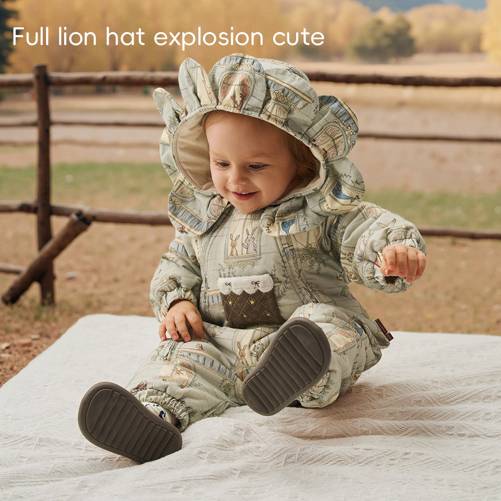 Padded Cotton Fabric + Lion Hood Design + Interactive Baby Snowsuit