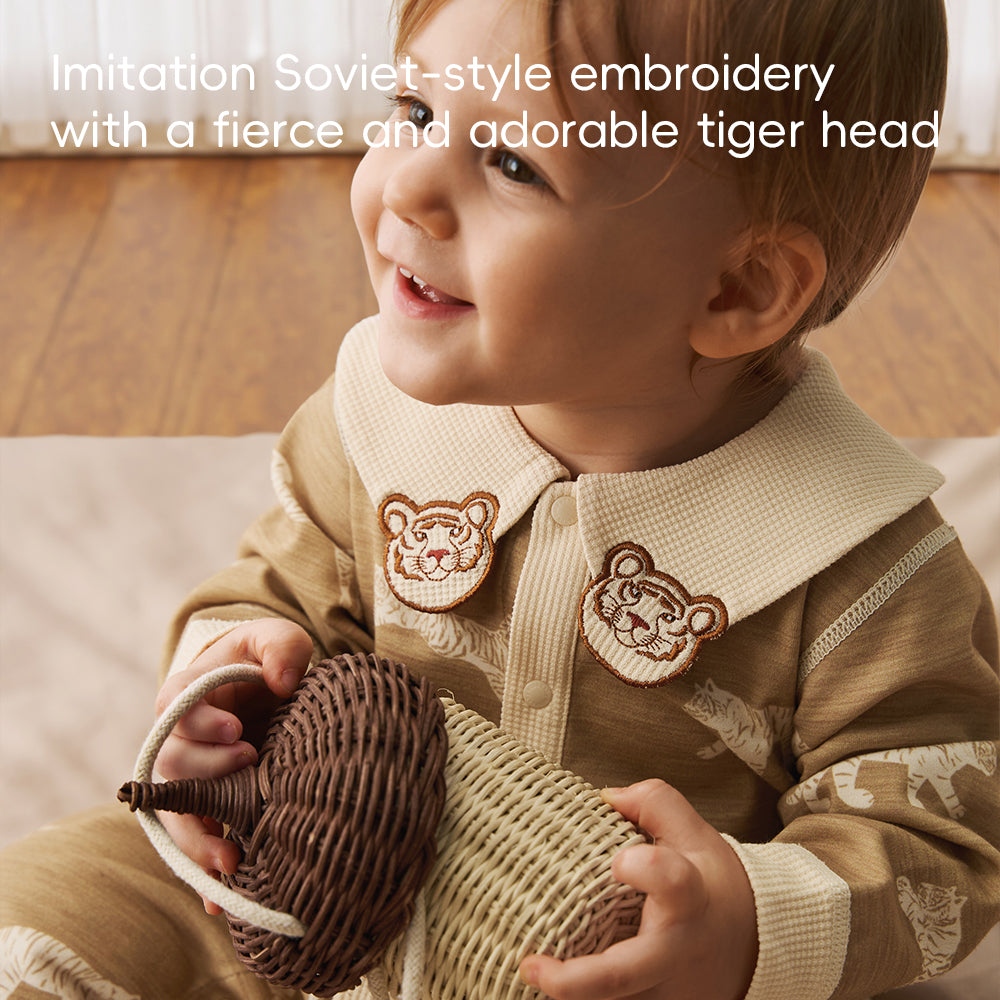 Tiger Embroidery + Waffle Cuffs + Cotton Baby Romper