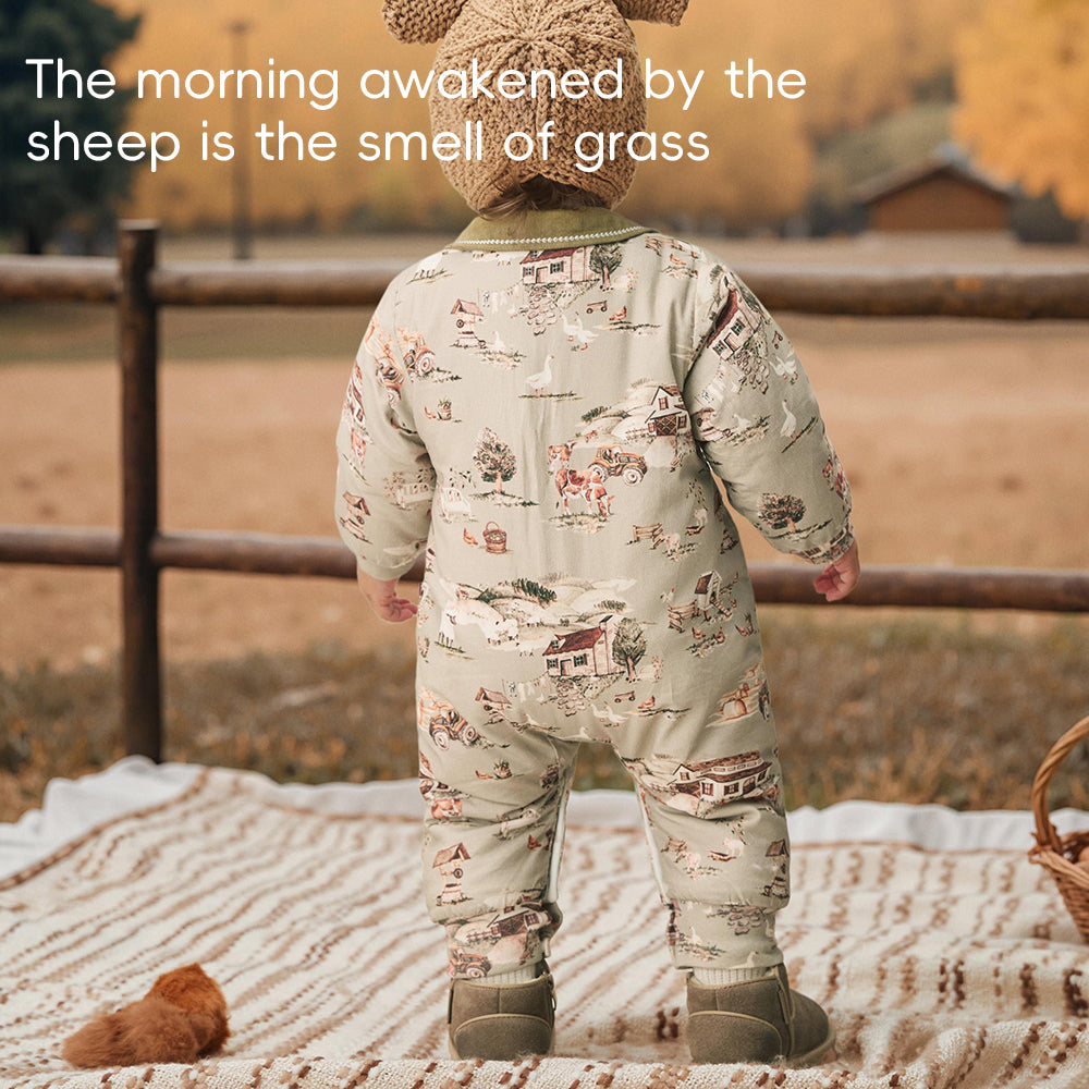 Lightweight Cotton Baby Romper with Countryside Print | Cozy Padded One-Piece for Mild Winter (5°C~15°C)