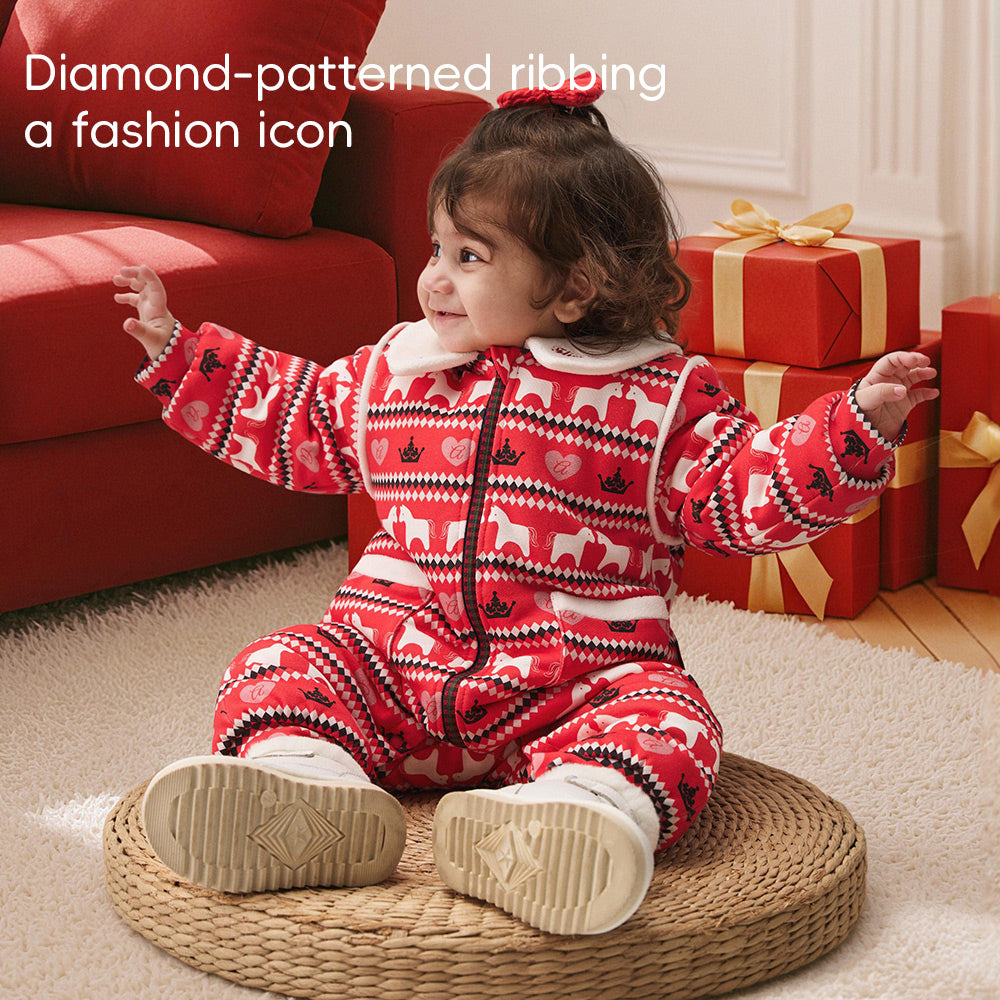 Festive Fair Isle Baby Romper in Red | Cozy Cotton One-Piece with Contrast Collar (5°C–15°C)