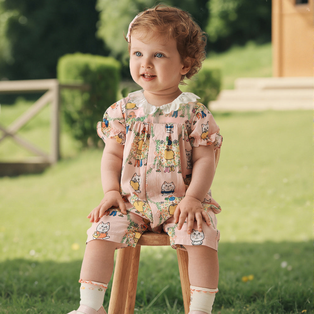 🐾 Meow & Friends Baby Romper 🦄 Soft Cotton One-Piece for Baby Girls | Cute Kitty Print & Ruffle Details ✨
