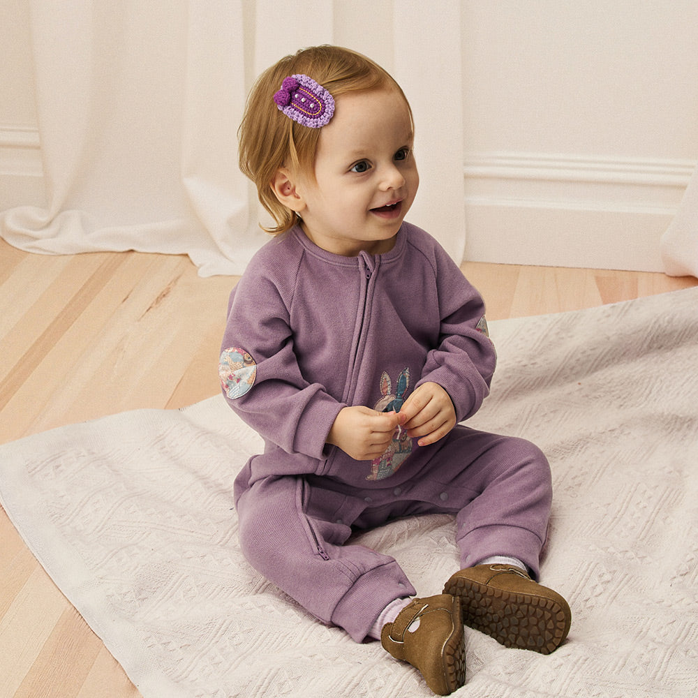 Fleece-Lined Bunny Patch | Thermal Warmth | YKK Two-Way Zipper | Purple Baby Romper
