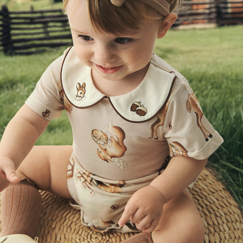 Peter Pan Collar Deer Embroidery Short Sleeve Bodysuit