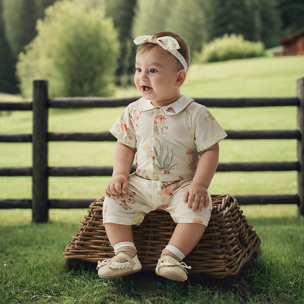 Cotton Baby Romper for 1-Year-Old – Soft Woodland Animal One-Piece with Peter Pan Collar | Summer Short Sleeve Outfit for Boys and Girls