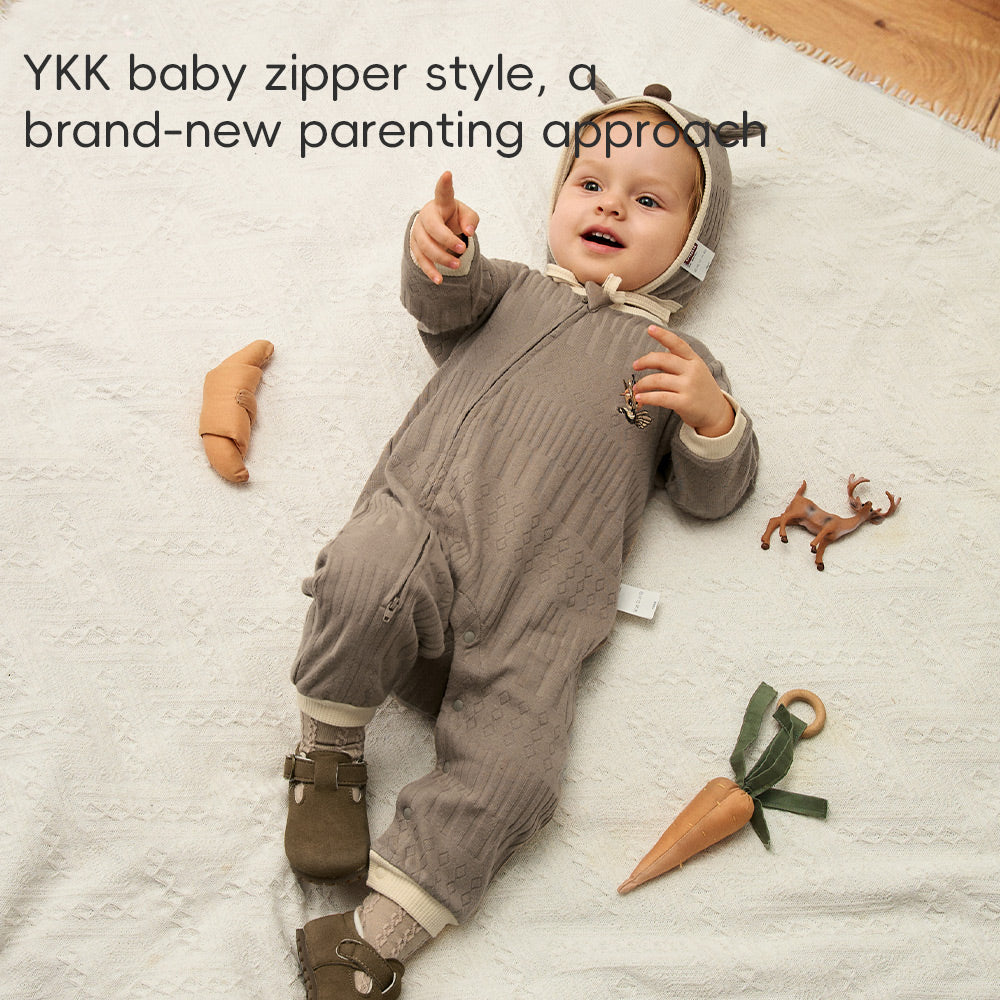 Knit Texture + Embroidered Patch + Two-Way Zipper Baby Romper