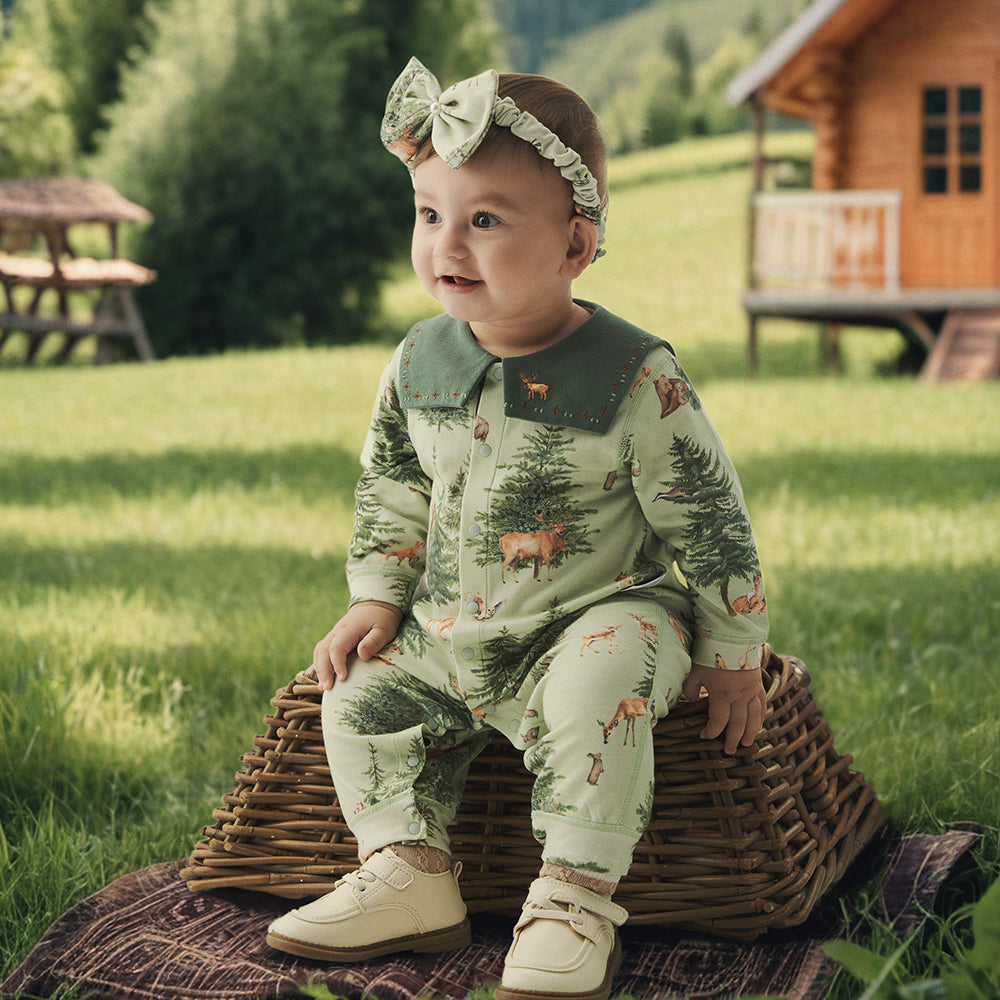 Train Embroidery Statement Collar Long Sleeve Romper in Green (3mths-2yrs)