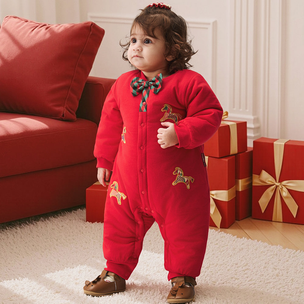 Festive Red Baby Romper | Soft Warm Cotton One-Piece with Christmas Embroidery (5°C–15°C)
