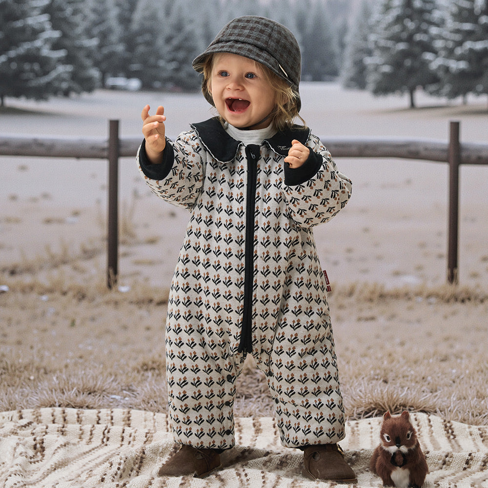 French Jacquard Knit Baby Romper | Soft Padded One-Piece with Contrast Collar (5°C–15°C)