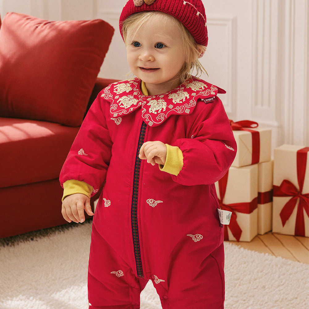 Festive Red Zipper Baby Romper | Soft Fleece-Lined Cotton One-Piece for Cool Weather (0°C–15°C)