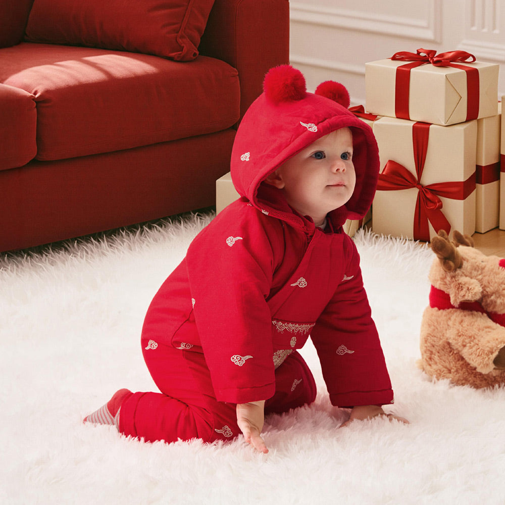 Festive Red Baby Romper with Scarf Hood | Soft Fleece-Lined Cotton One-Piece (0°C–15°C)