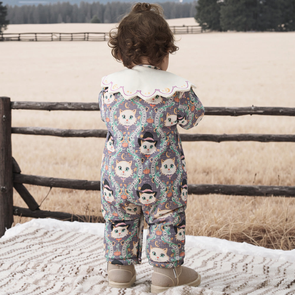 Cozy Cotton Baby Romper with Magical Cat Print | Soft Winter One-Piece for 0°C–15°C
