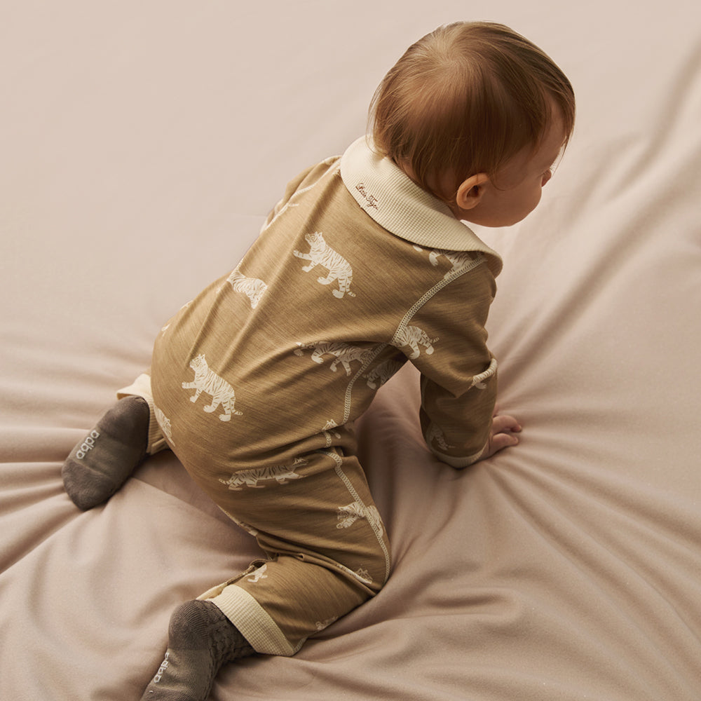 Tiger Embroidery + Waffle Cuffs + Cotton Baby Romper