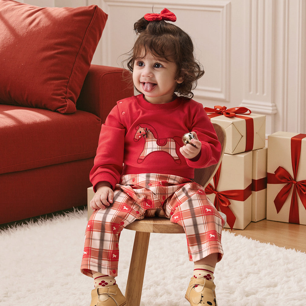 Organic Cotton Plaid Baby Romper | Soft One-Piece with Festive Scandinavian Print