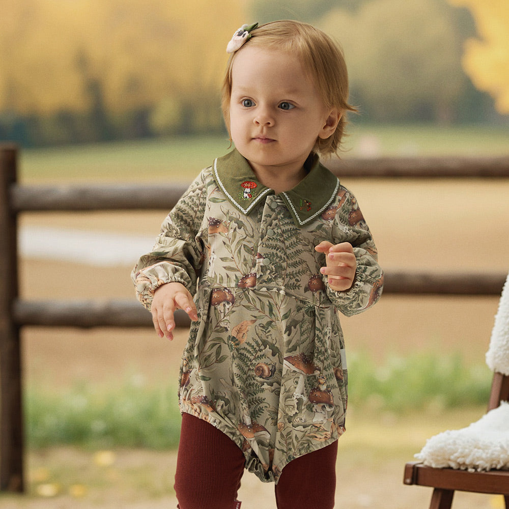 Baby Romper – Forest Mushroom Print with Embroidered Collar | Lightweight Snap Jumpsuit for Easy Diaper Change