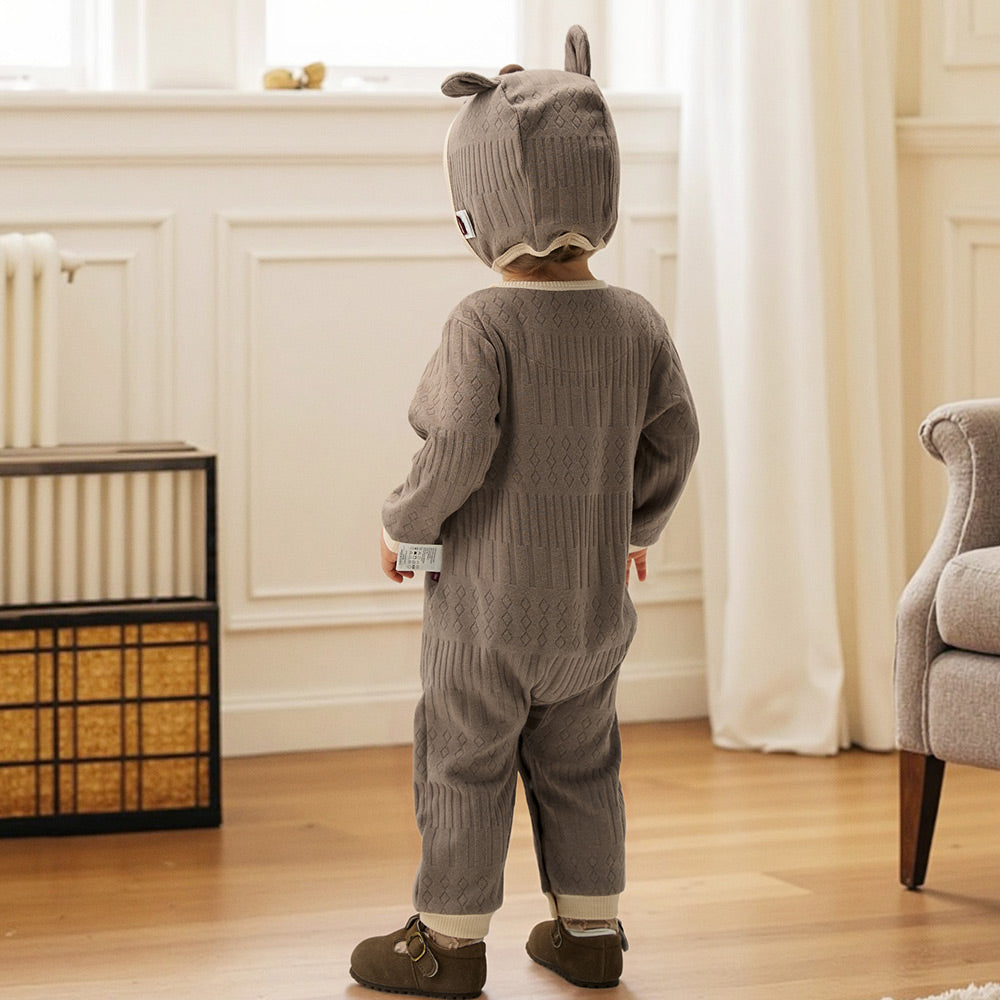 Knit Texture + Embroidered Patch + Two-Way Zipper Baby Romper