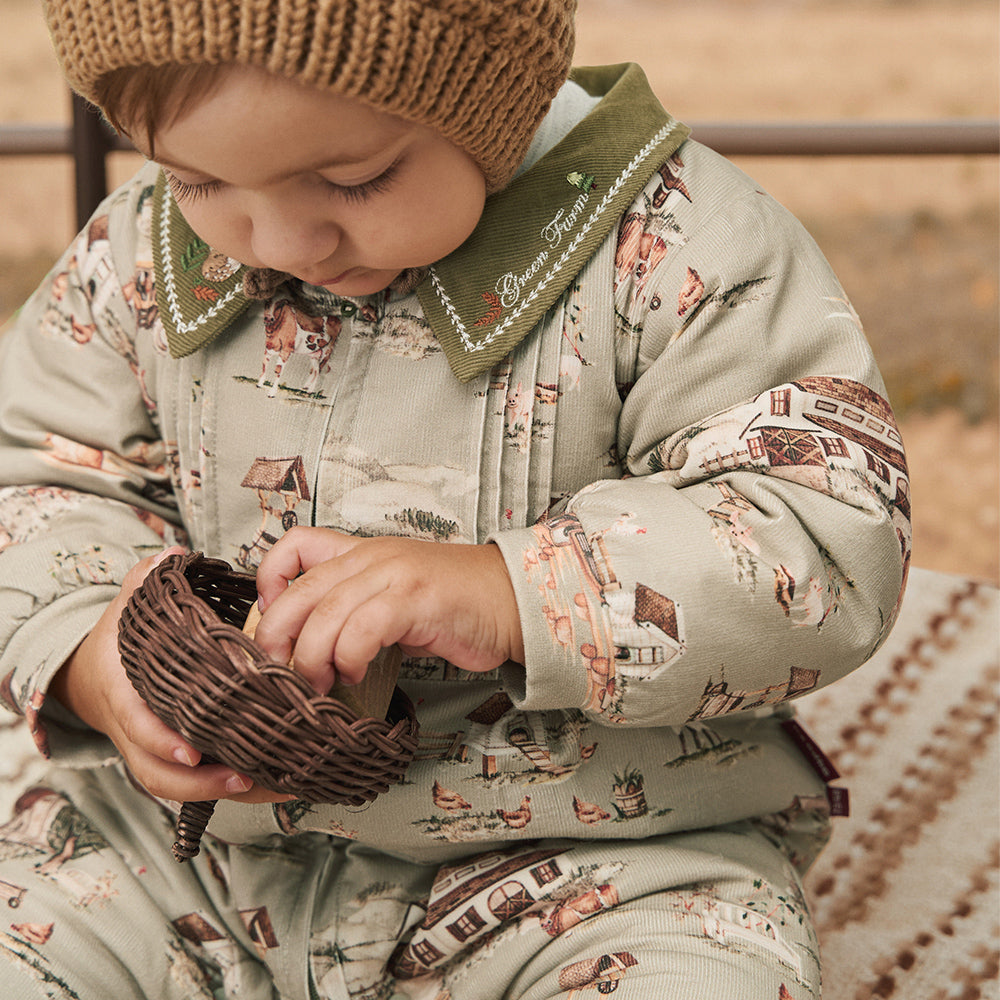 Lightweight Cotton Baby Romper with Countryside Print | Cozy Padded One-Piece for Mild Winter (5°C~15°C)