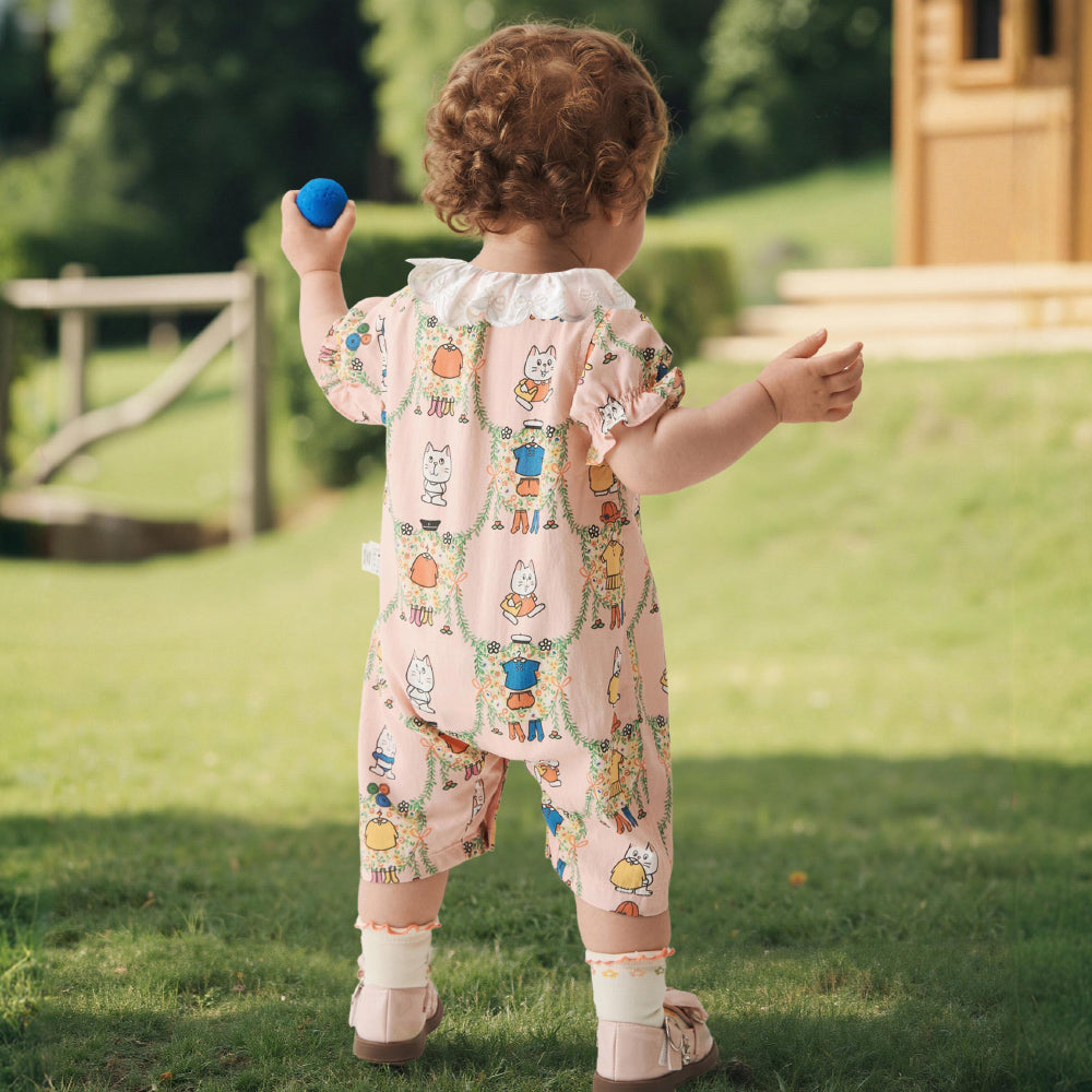 🐾 Meow & Friends Baby Romper 🦄 Soft Cotton One-Piece for Baby Girls | Cute Kitty Print & Ruffle Details ✨