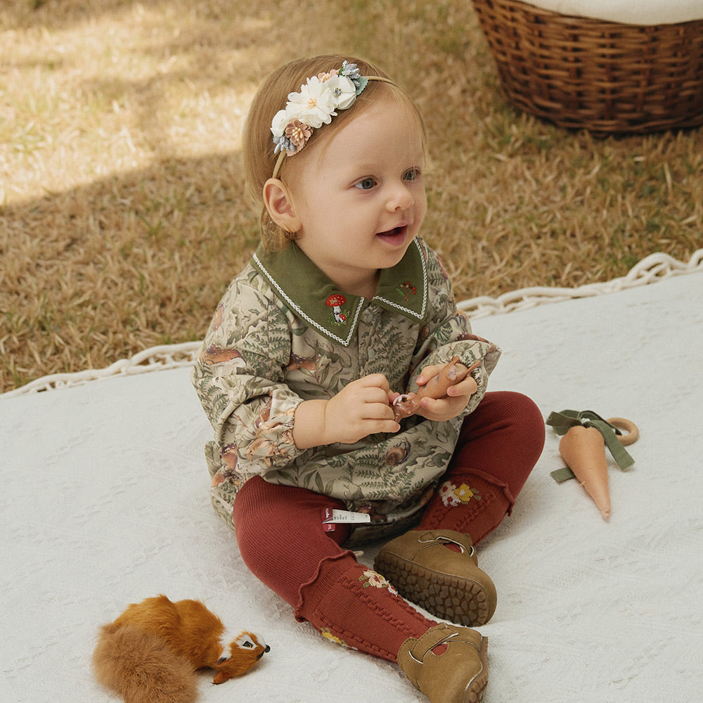 Baby Romper – Forest Mushroom Print with Embroidered Collar | Lightweight Snap Jumpsuit for Easy Diaper Change