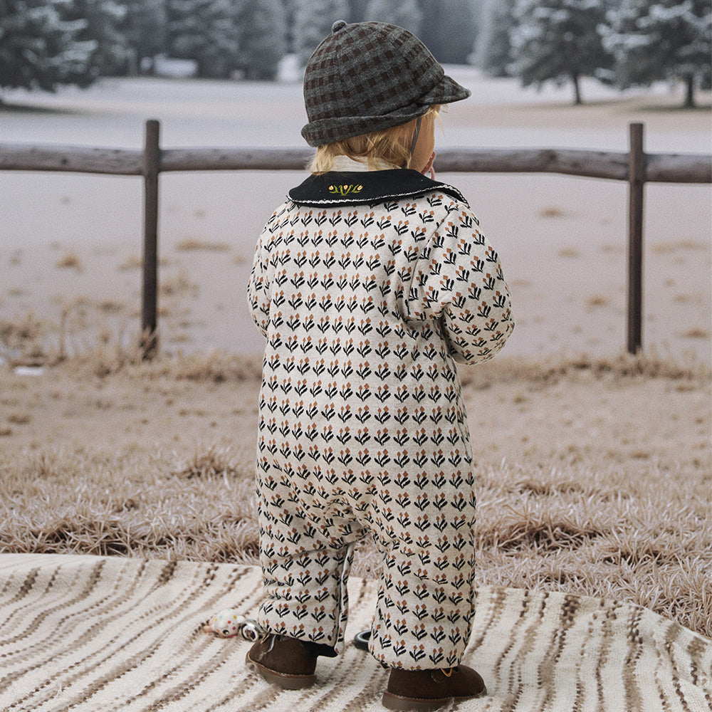 French Jacquard Knit Baby Romper | Soft Padded One-Piece with Contrast Collar (5°C–15°C)