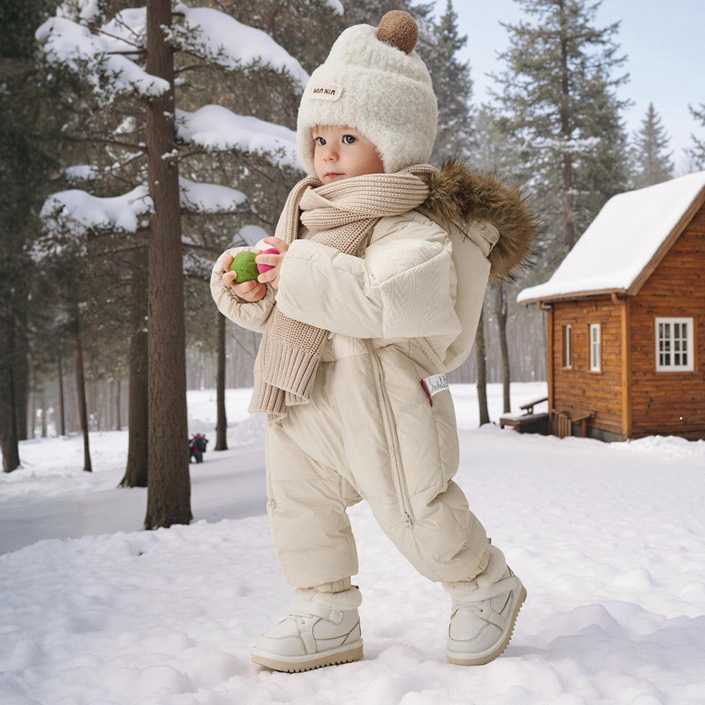 90% Down Baby Snowsuit in Cream Knit Texture | Warm Waterproof One-Piece (-5°C to 10°C)